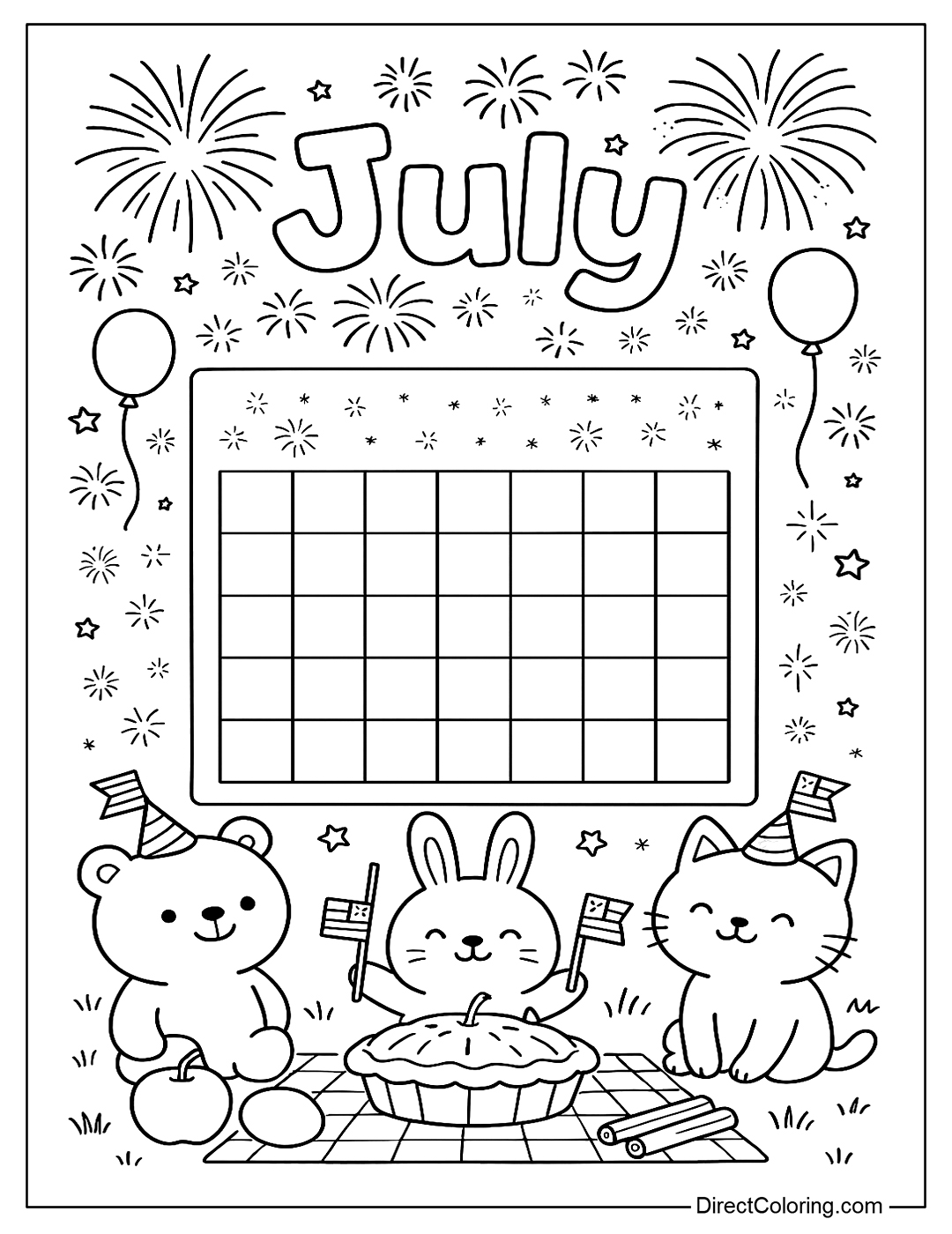 July calendar coloring page with bear, rabbit and cat watching fireworks, grass and picnic blanket below the calendar
